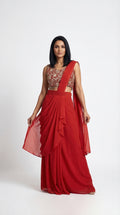 Ruby Red Georgette Drape Saree with Embroidered Blouse | Rosio House