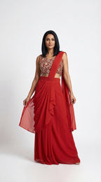 Ruby Red Georgette Drape Saree with Embroidered Blouse | Rosio House