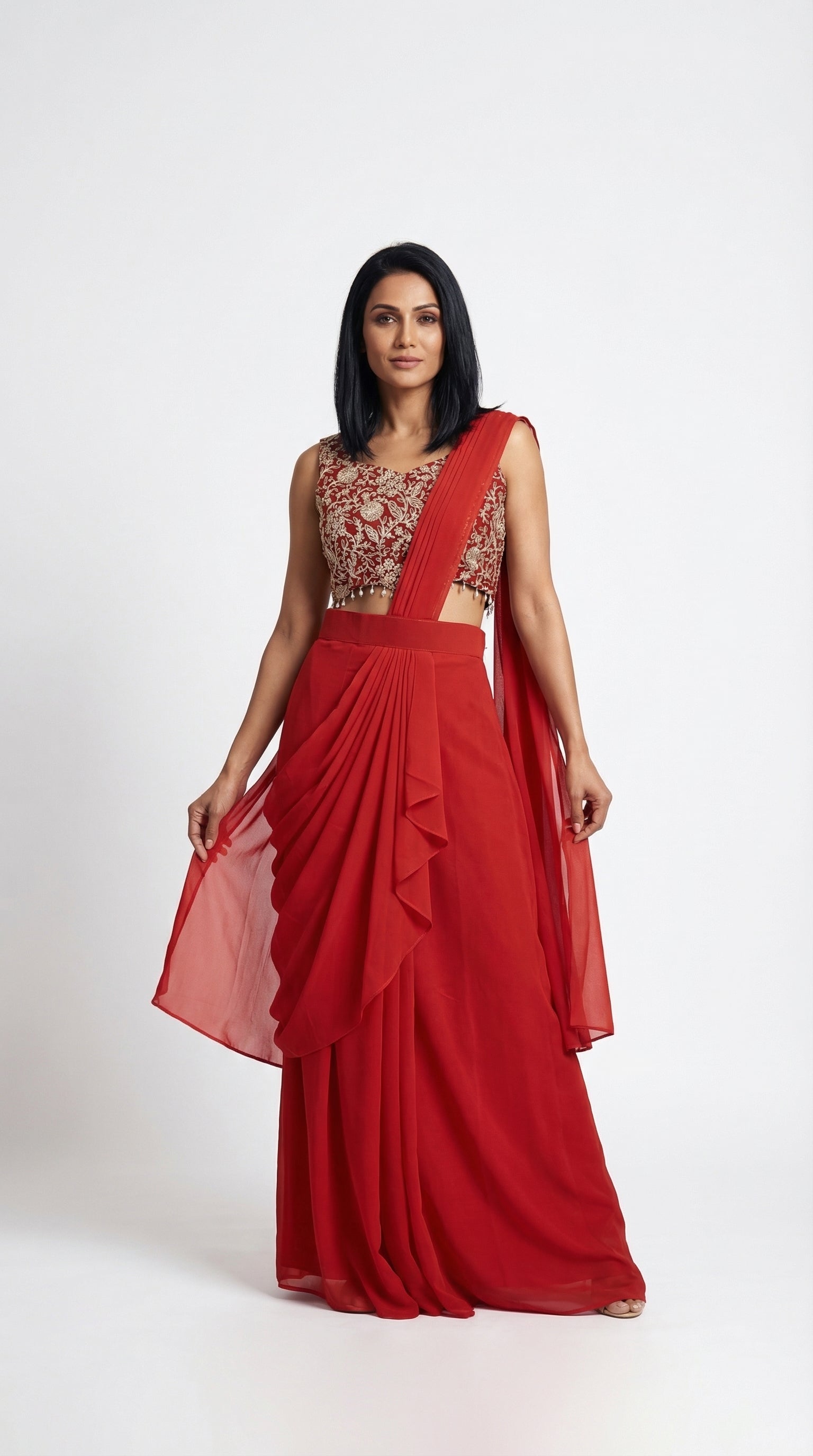 Ruby Red Georgette Drape Saree with Embroidered Blouse | Rosio House