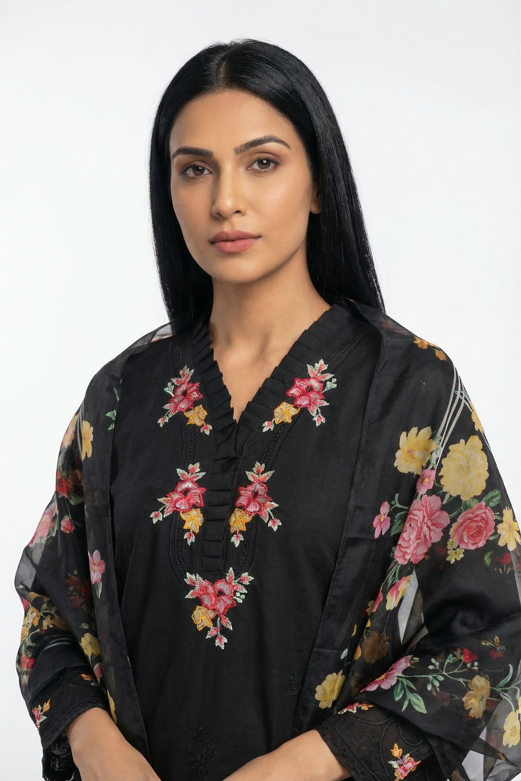 Black Multi-Floral Embroidered Cotton Suit with Dupatta | Rosio House