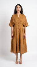 Ochre Cotton Linen Button-Down Midi Dress | Rosio House