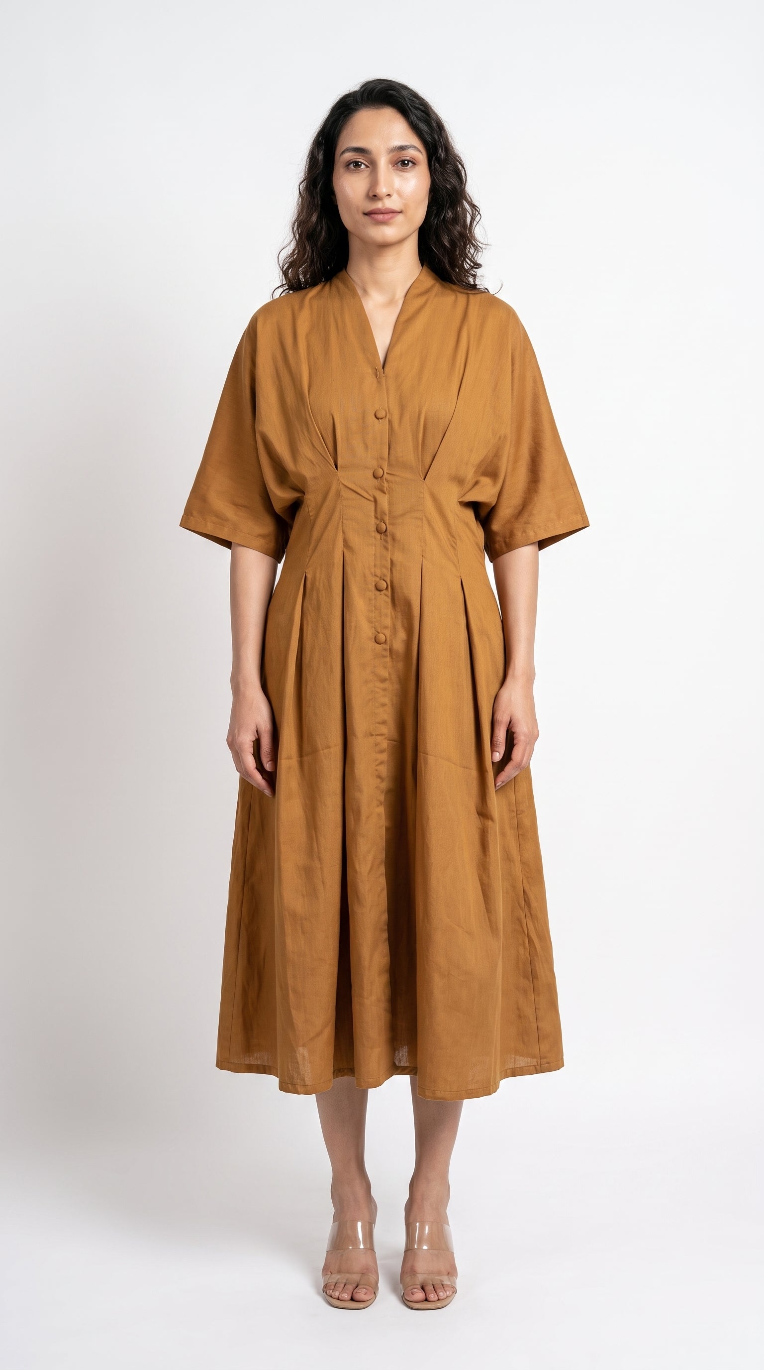 Ochre Cotton Linen Button-Down Midi Dress | Rosio House