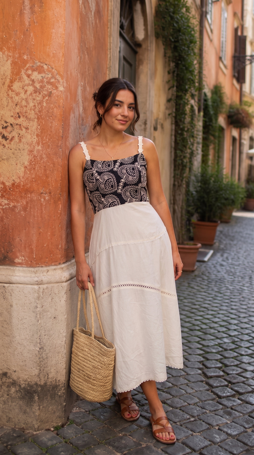 Black and White Thread work Midi Dress | Rosio House