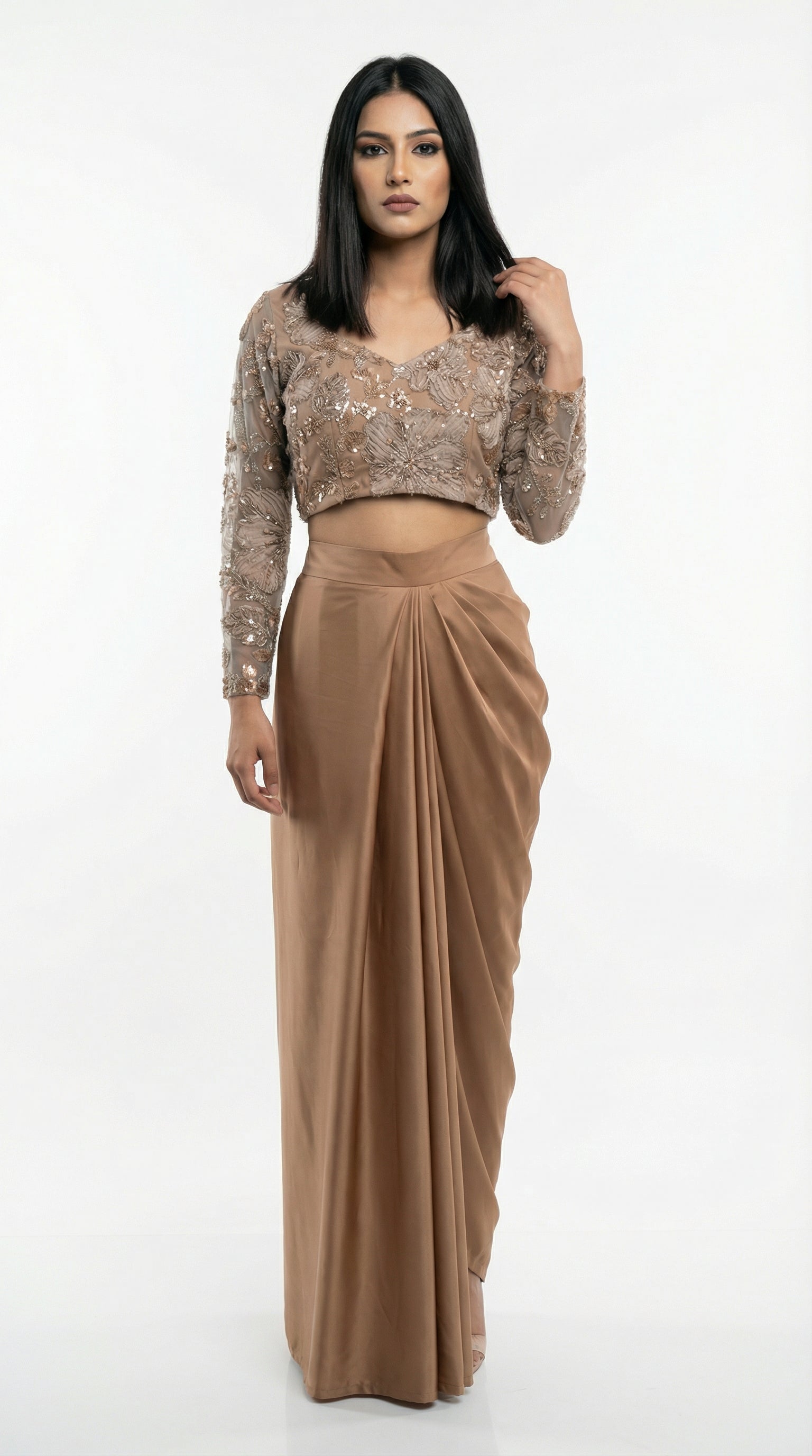 Champagne Bronze Sequin Embroidered Skirt Set | Indo-Western | Rosio House