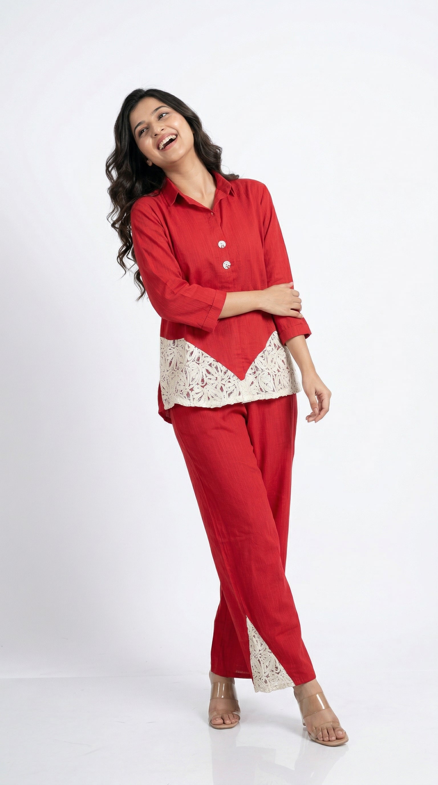 Red Pure Cotton Chiffli Lace Cord Set | Relaxed Fit Co-ord | Rosio House