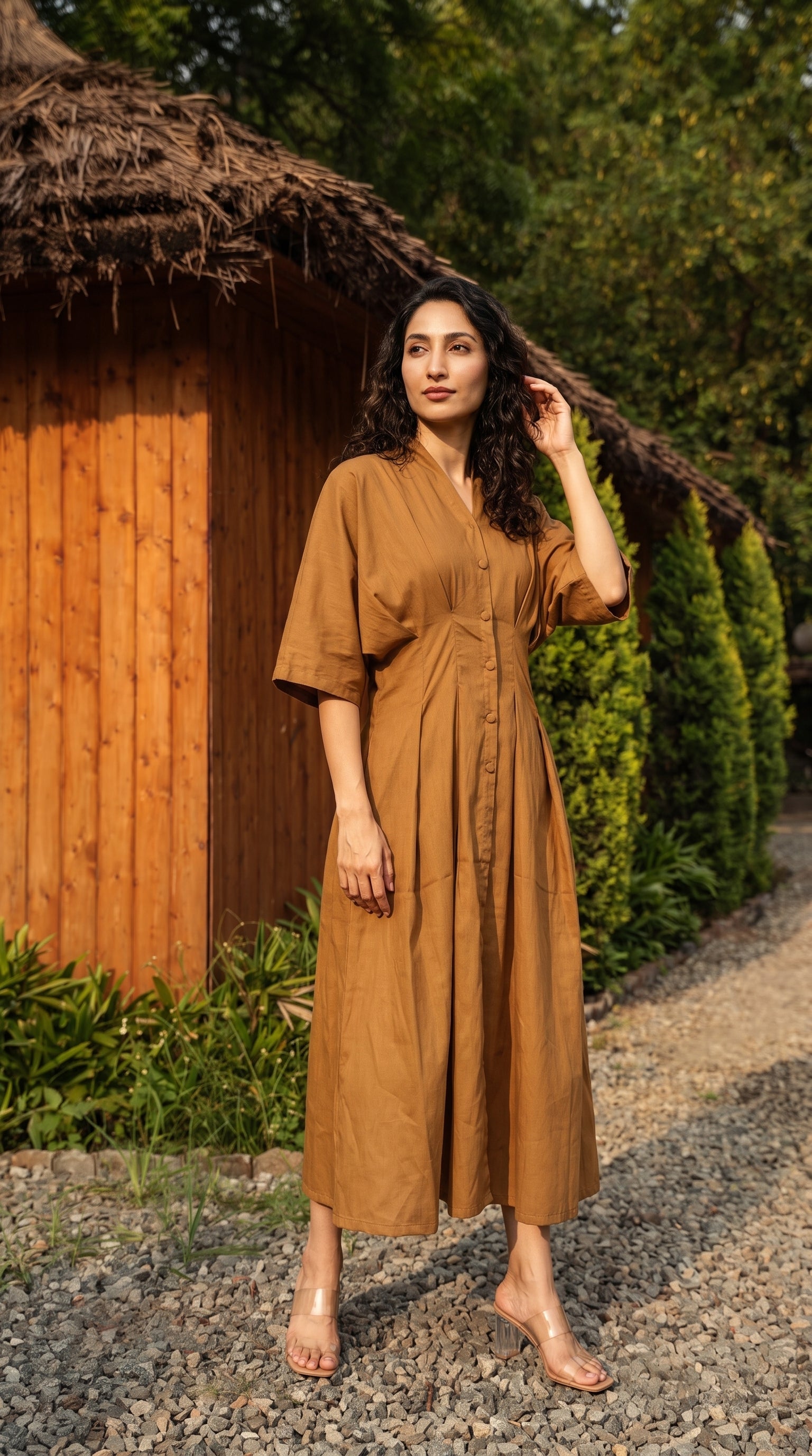 Ochre Cotton Linen Button-Down Midi Dress