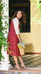 Red Schiffli Lace Polka Dot Midi Dress | Rosio House