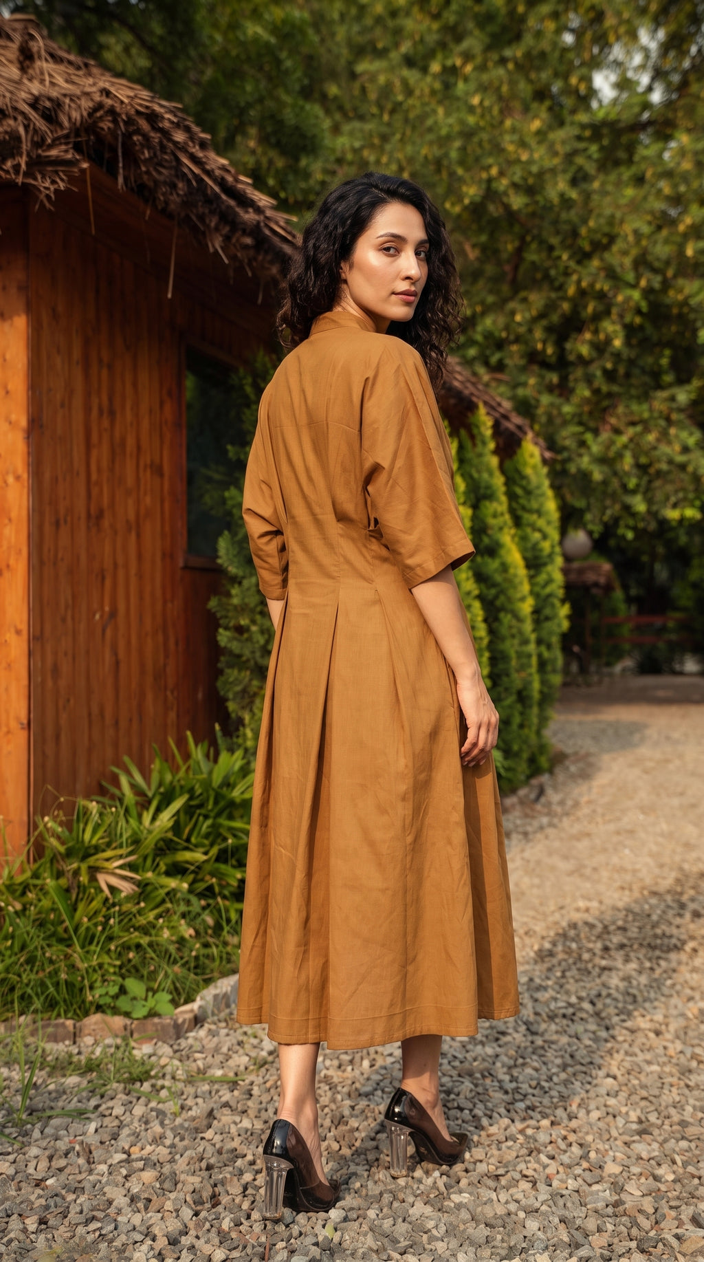 Ochre Cotton Linen Button-Down Midi Dress | Rosio House