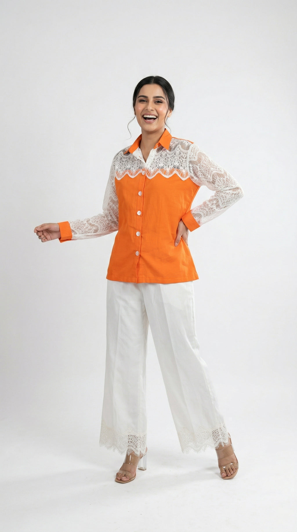 Orange & White Cotton Cord Set with Schiffli Lace | Rosio House