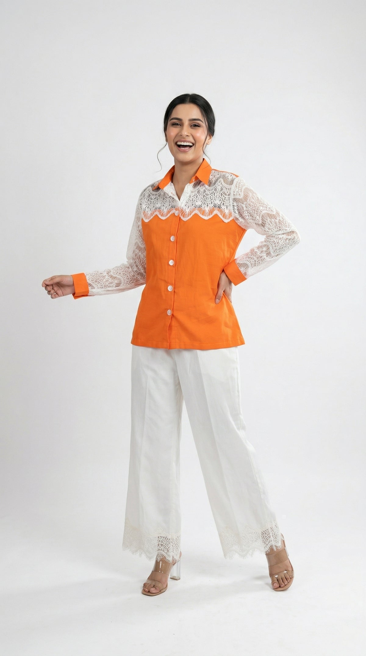 Orange & White Cotton Cord Set with Schiffli Lace | Rosio House