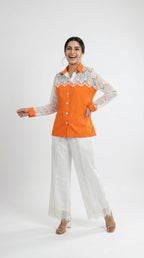 Orange & White Cotton Cord Set with Schiffli Lace | Rosio House