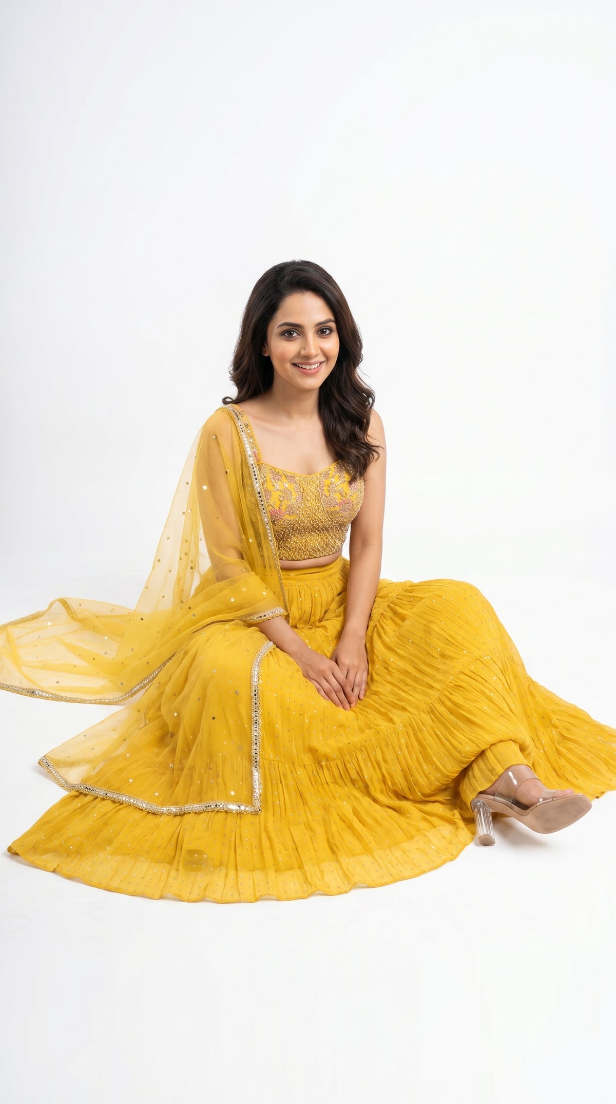Mustard Yellow Tiered Lehenga Crop Top with Embroidered Blouse & Dupatta Set | Rosio House