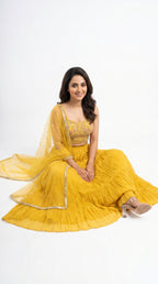 Mustard Yellow Tiered Lehenga Crop Top with Embroidered Blouse & Dupatta Set | Rosio House