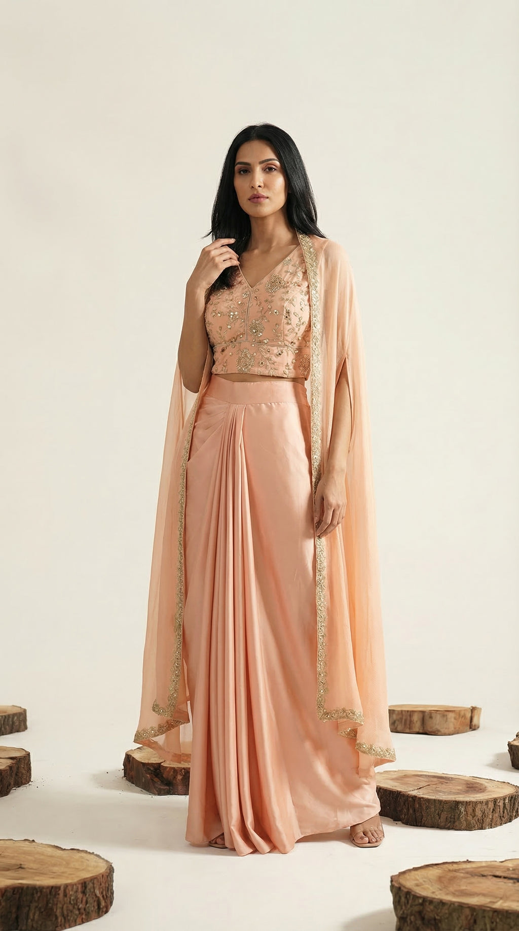 Peach Shrug Style Indo-Western Set | Draped Skirt & Embroidered Crop Top | Rosio House