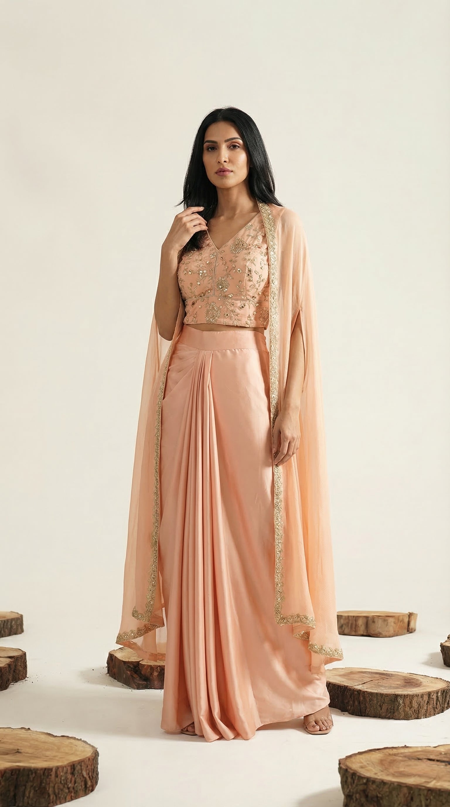 Peach Shrug Style Indo-Western Set | Draped Skirt & Embroidered Crop Top | Rosio House