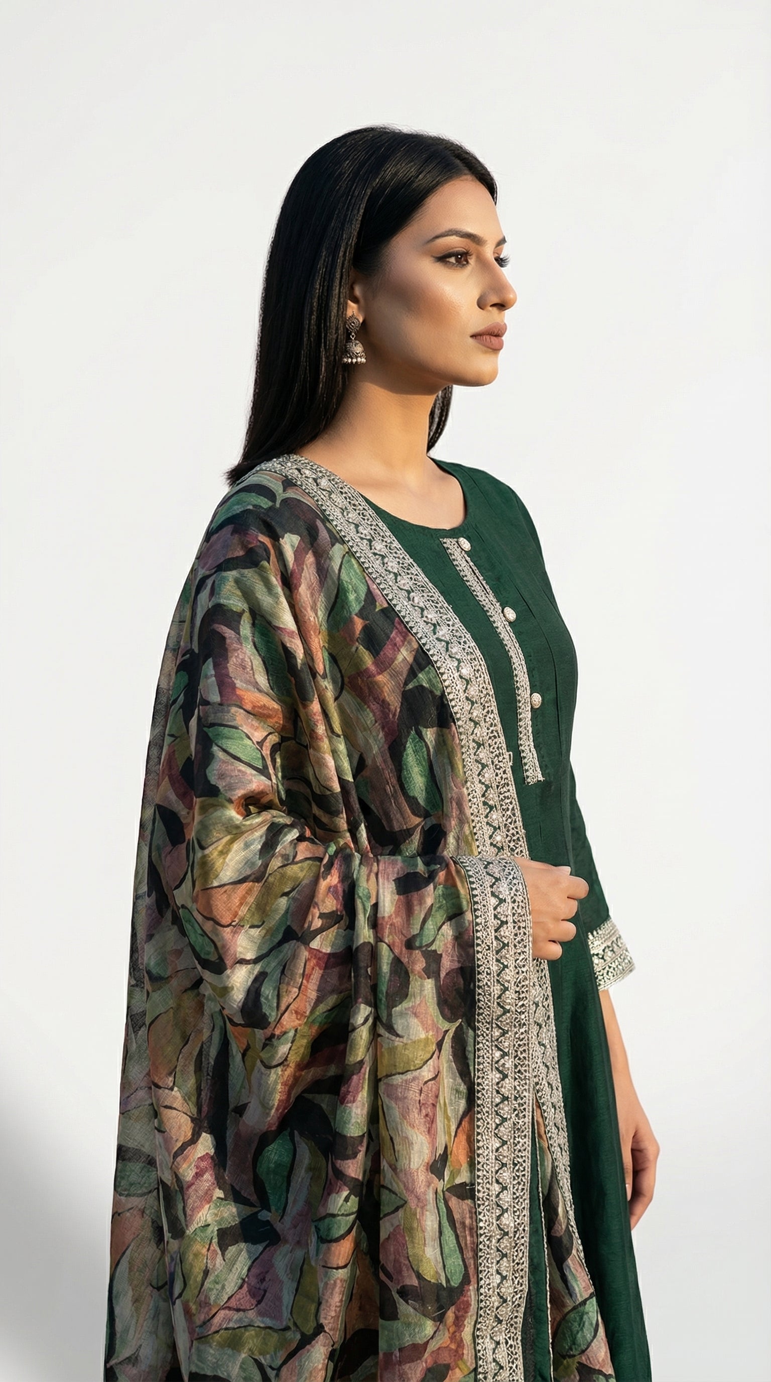 Emerald Green Embroidered Anarkali Suit with Printed Dupatta | Rosio House