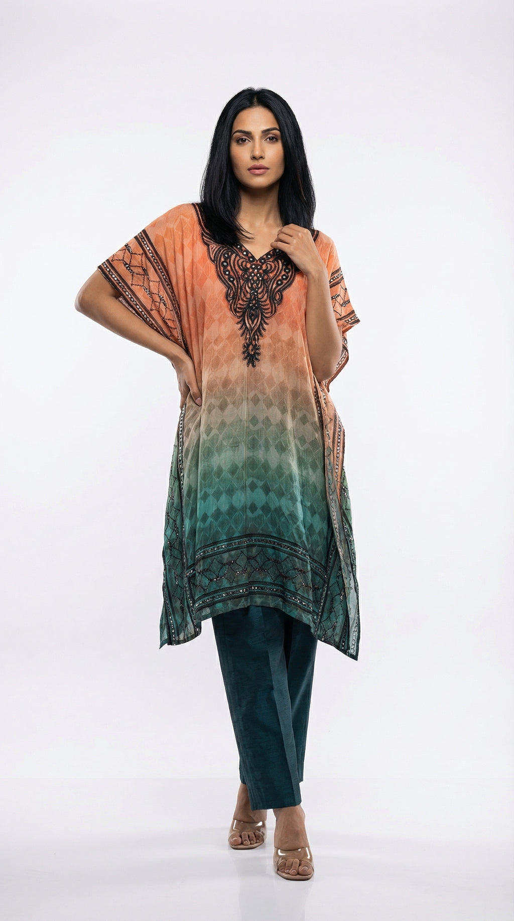 Peach & Teal Ombre Cotton Kaftan Set with Pants | Rosio House