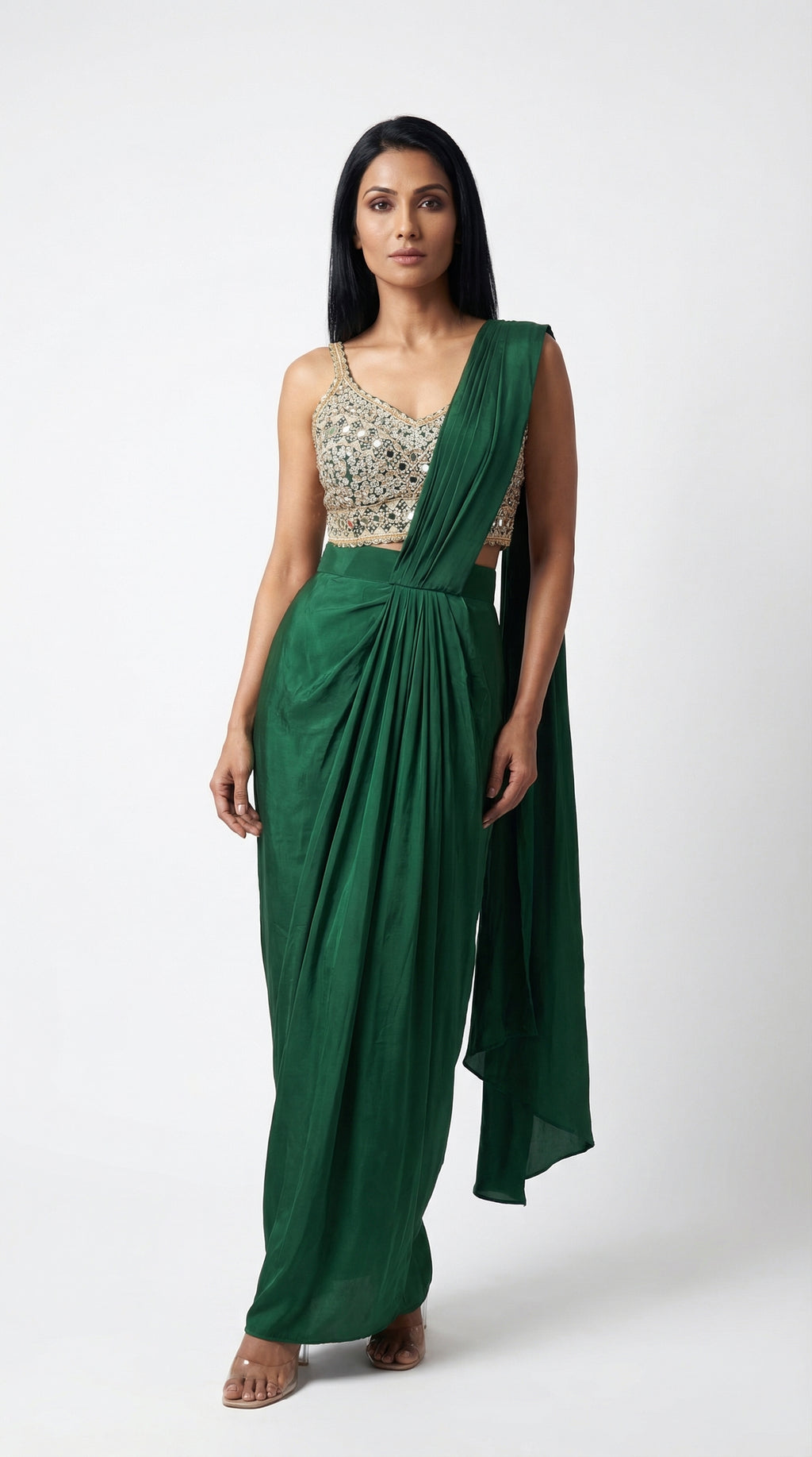 Emerald Green Handwork Blouse & Drape Saree | Rosio House