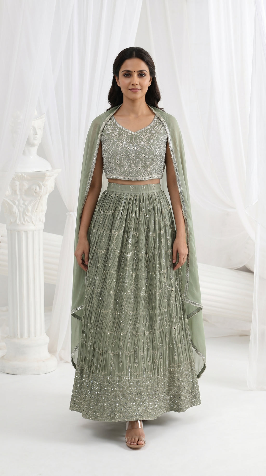 Sage Green Pleated Lightweight Lehenga Set | Rosio House
