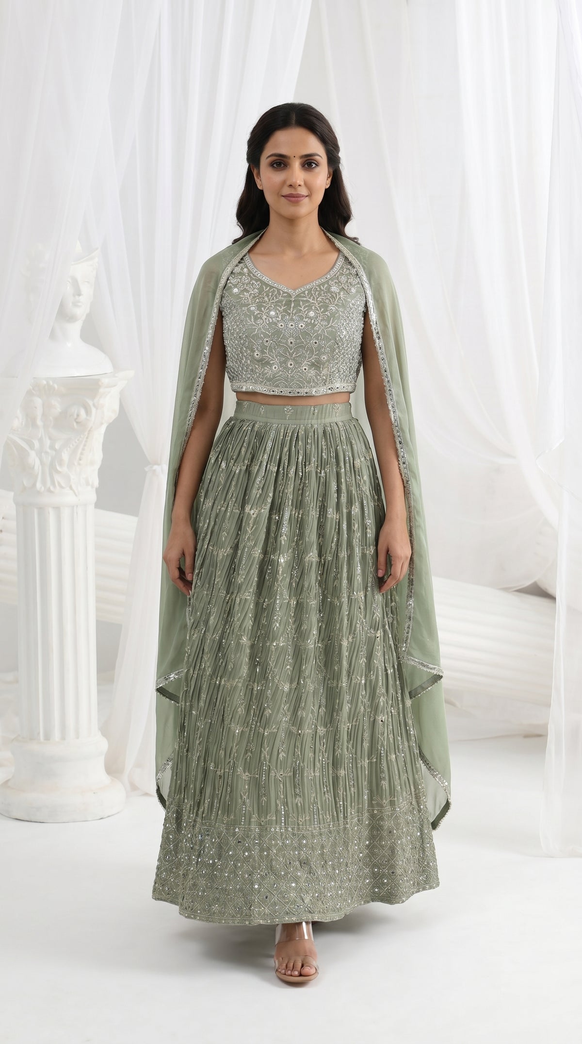 Sage Green Pleated Lightweight Lehenga Set | Rosio House