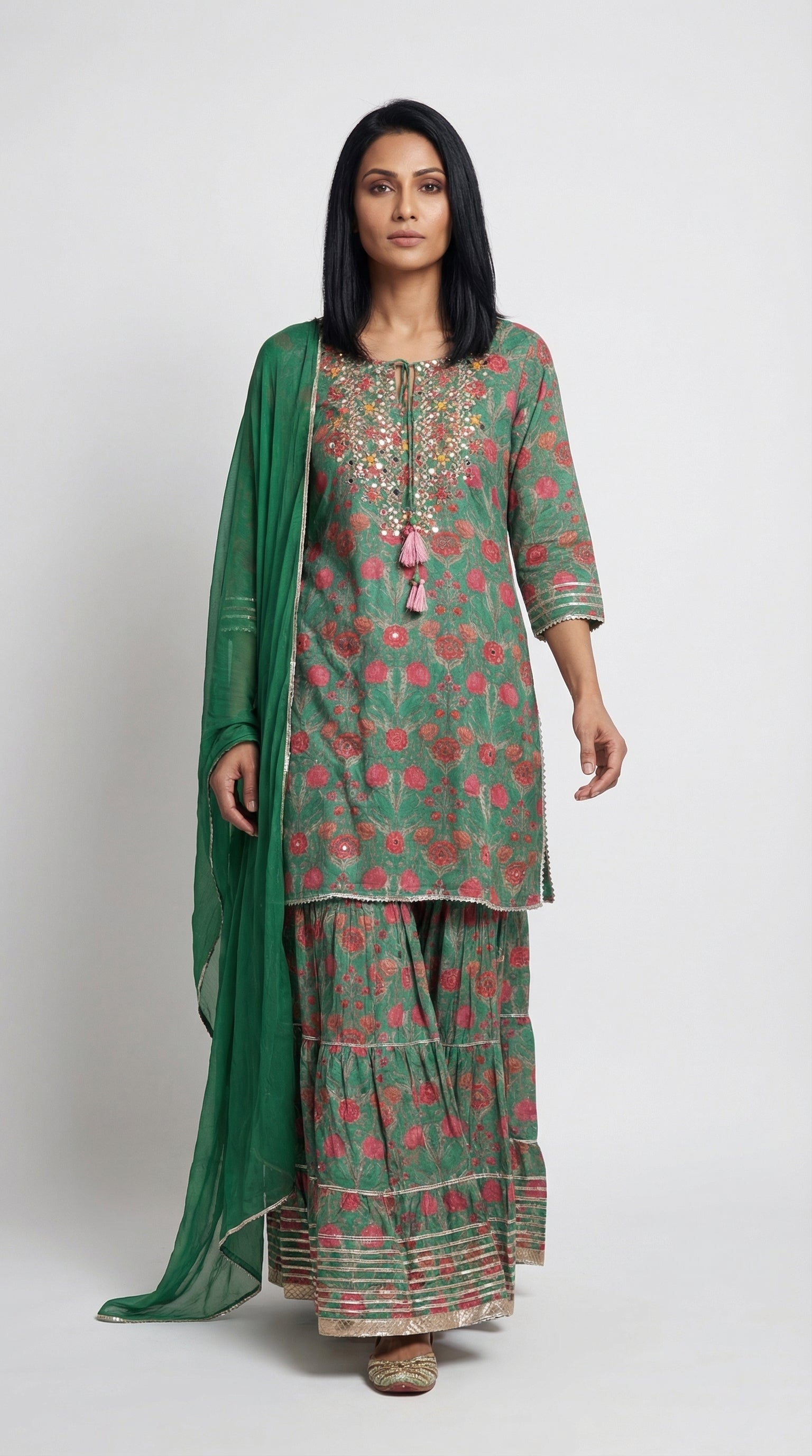 Deep Green Floral Mirror Work Sharara Suit | Rosio House