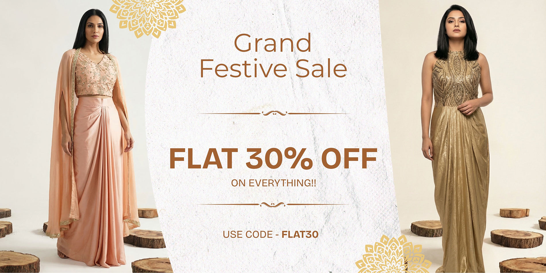 Promotional banner for a grand festive sale with two women in elegant dresses and text offering flat 30% off.