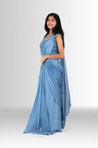 Woman in a blue drape saree indowestern 2