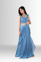 Woman in a blue drape saree indowestern 3