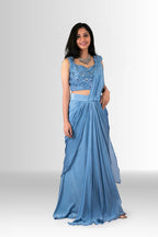 Woman in a blue drape saree indowestern 4