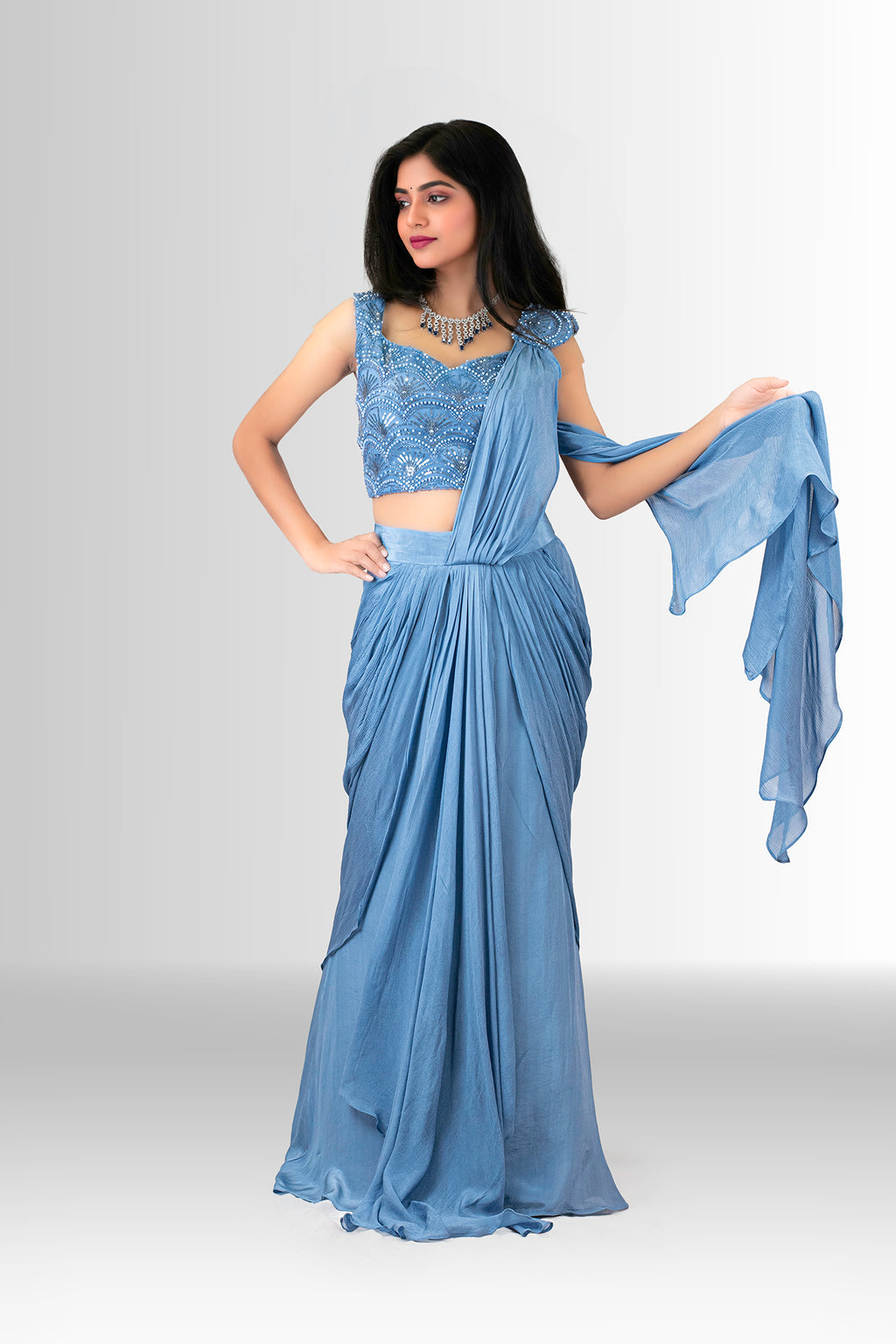 Woman in a blue drape saree indowestern 6