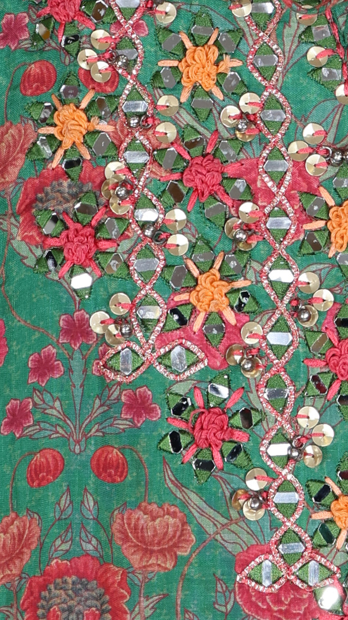Deep Green Floral Mirror Work Sharara Suit | Rosio House