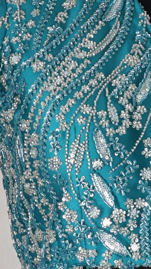 Firozi Armani Satin Drape Skirt Indowestern | Cutdana Handwork Crop Top