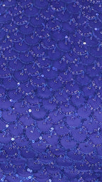 Close-up texture shot showing the dense blue sequins and beads embellished all over the fabric.
