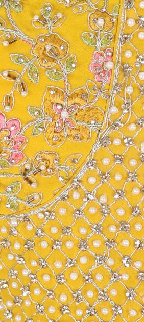 Mustard Yellow Tiered Lehenga Crop Top with Embroidered Blouse & Dupatta Set | Rosio House