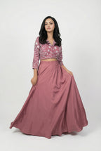 Mauve 3D Floral Handwork Crop Top | Jacket-Top & Skirt Set