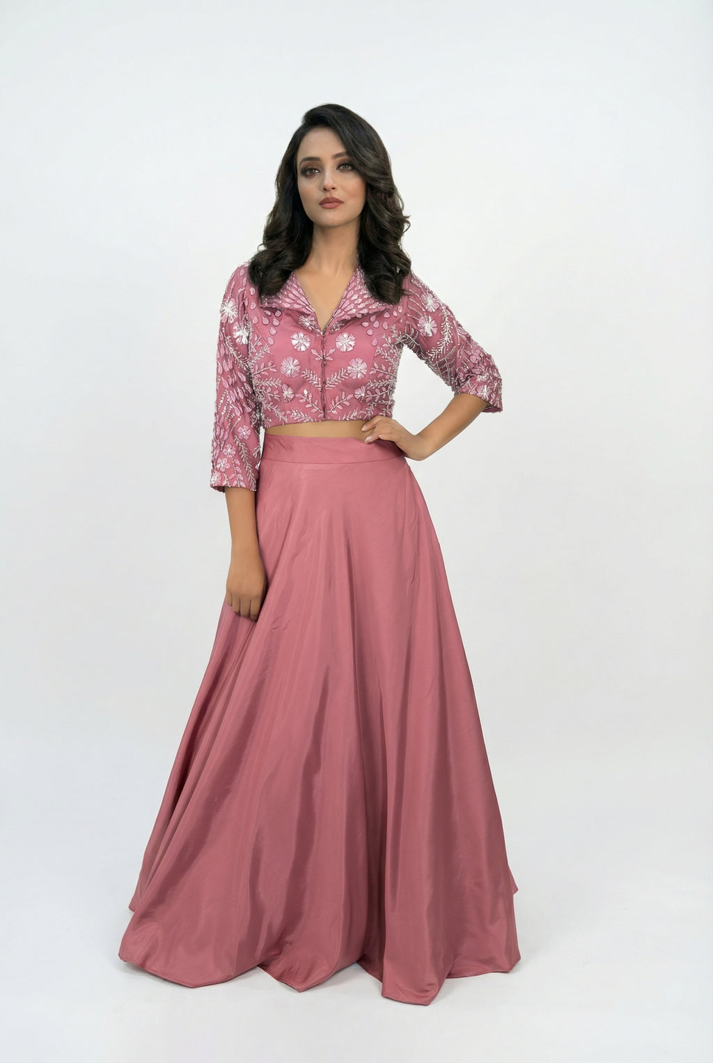 Mauve 3D Floral Handwork Crop Top | Jacket-Top & Skirt Set