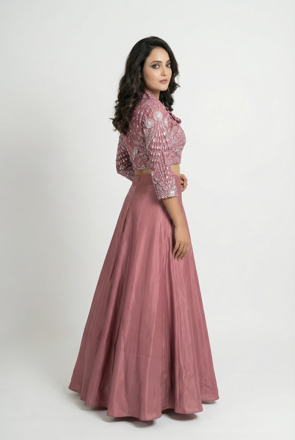 Mauve 3D Floral Handwork Crop Top | Jacket-Top & Skirt Set