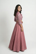 Mauve 3D Floral Handwork Crop Top | Jacket-Top & Skirt Set