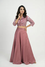 Mauve 3D Floral Handwork Crop Top | Jacket-Top & Skirt Set