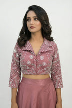 Mauve 3D Floral Handwork Crop Top | Jacket-Top & Skirt Set