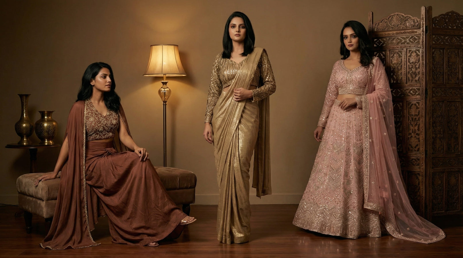 Three women in traditional Indian sarees in a room with decorative elements.