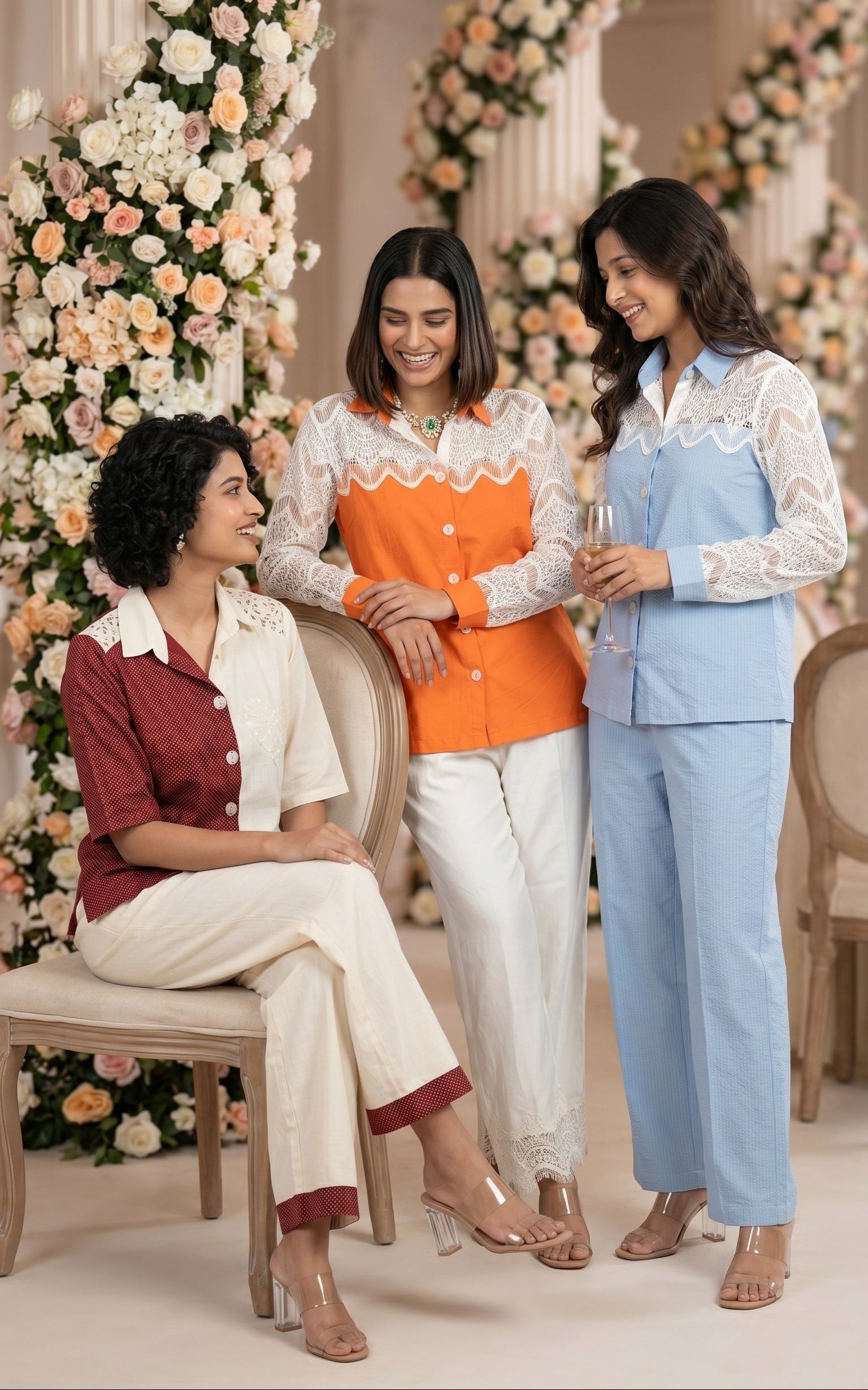 Three women in stylish outfits standing in a decorated room with floral arrangements.