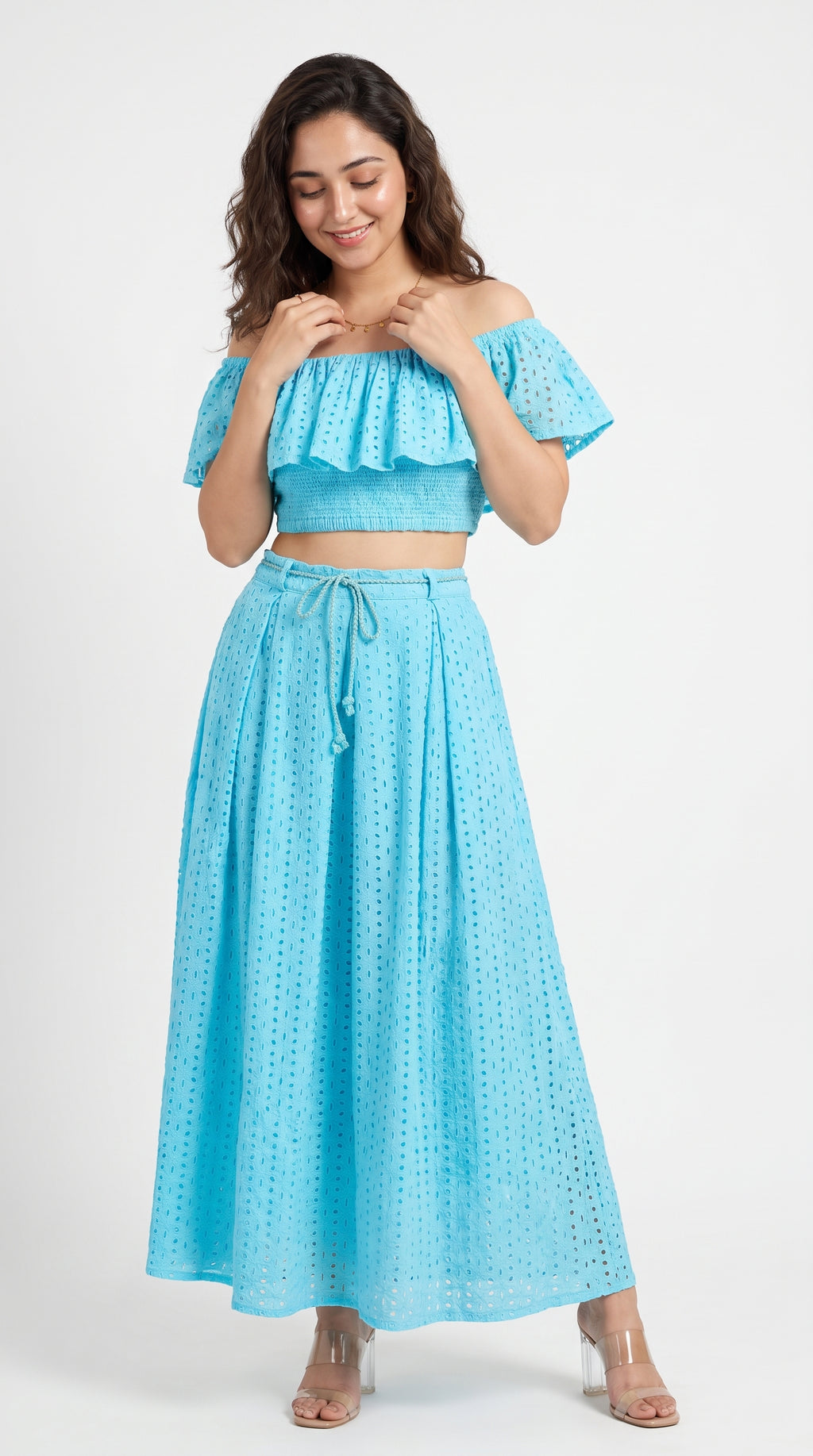 Side view of the Sky Blue Dress, featuring Schiffli by Rosio House