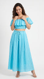 Side view of the Sky Blue Dress, featuring Schiffli by Rosio House