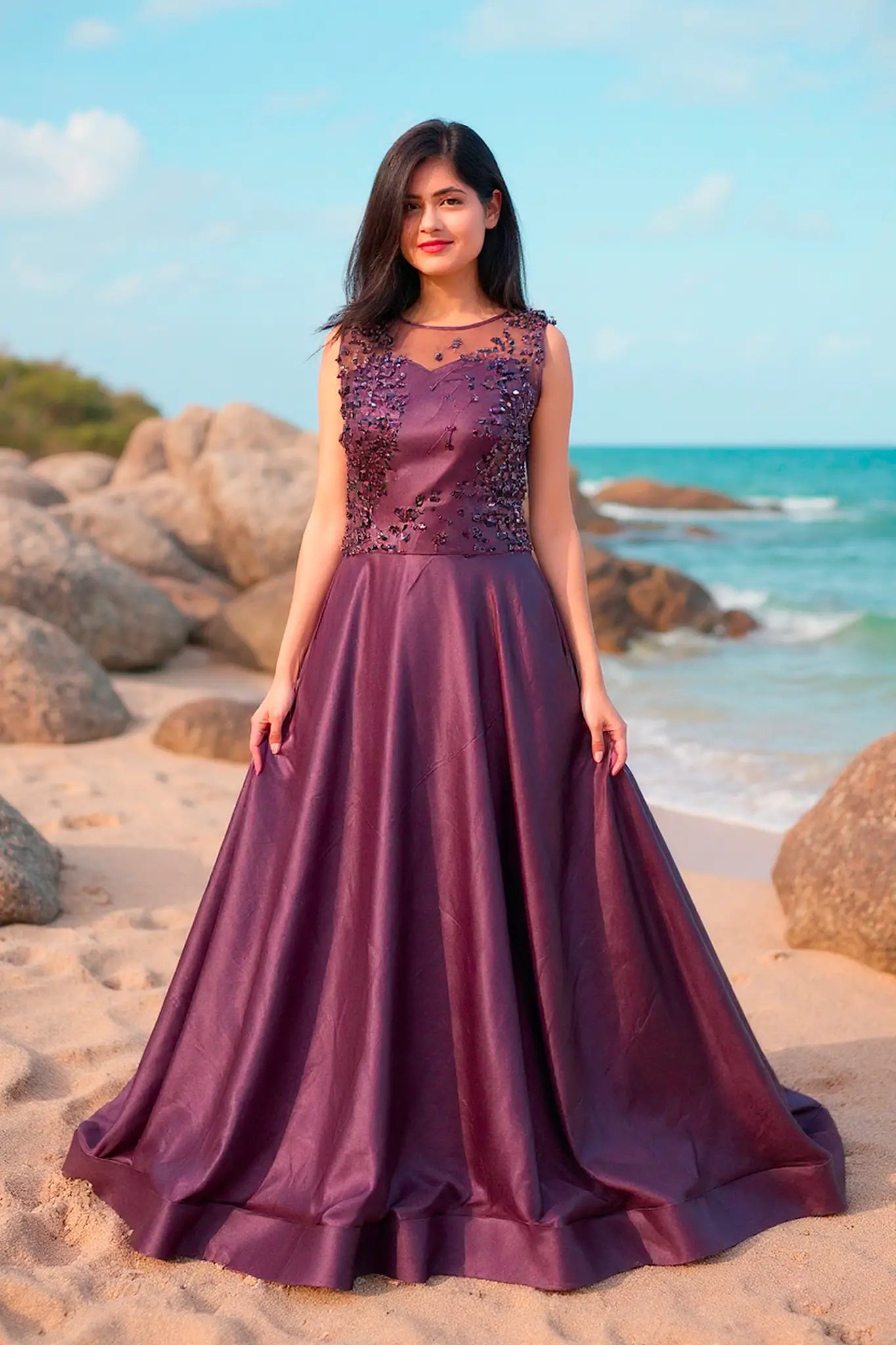Rosio House new arrivals spotlight - girl wearing a sequence party wear gown on a beach. Bestseller in noida