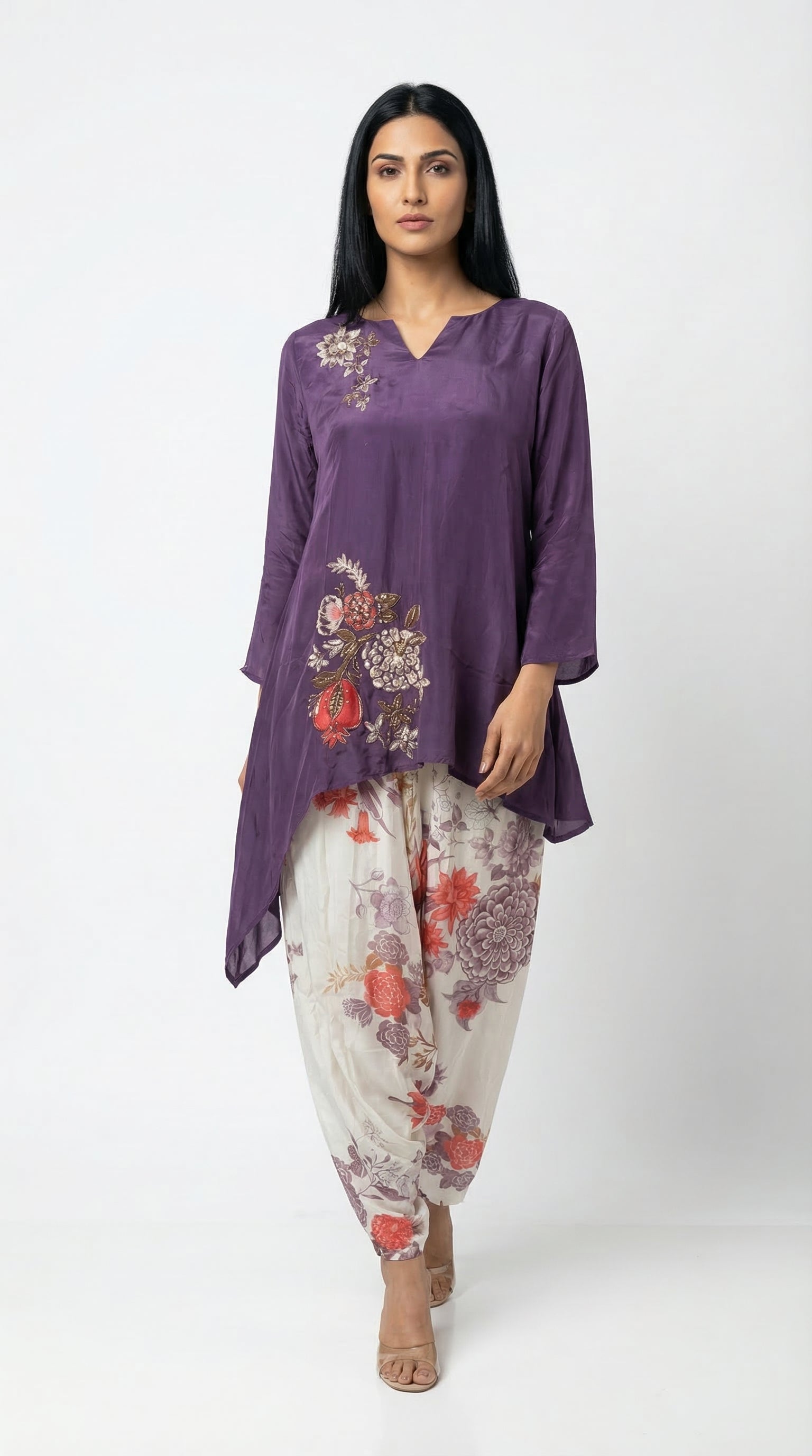 Plum Embroidered Kafta Suit & Floral Farshi Salwar | Rosio House