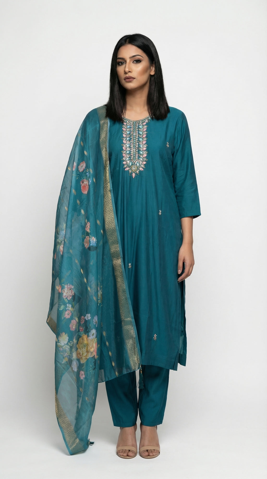 Teal Embroidered Art women suit with Floral Organza Dupatta | Rosio House