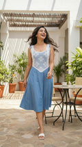 Blue Denim Midi Dress with White Lace | Rosio House