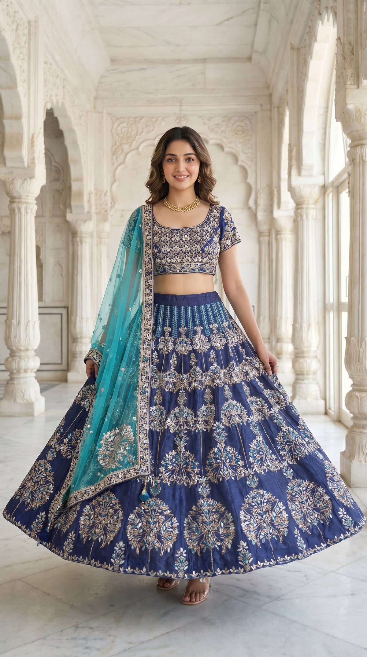 Royal Blue Silk Lehenga with Handwork and Zari Work | Rosio House