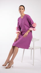 Orchid Magenta Cotton A-Line Dress with 3D Sleeve Flower | Rosio House